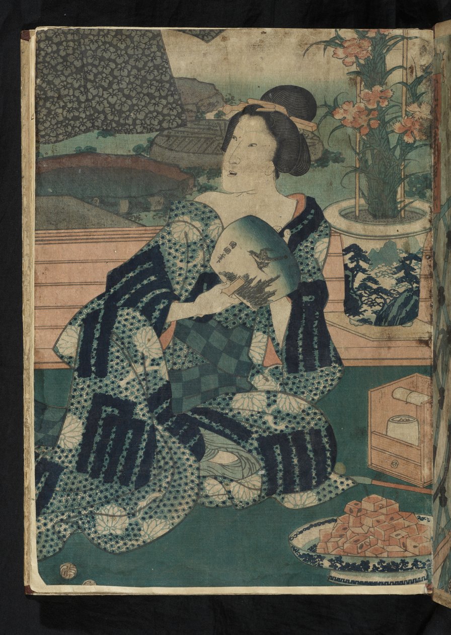 Avant et après - mulher japonesa sentada em leque a partir do "Sexto Mês": O Verão a arejar a roupa