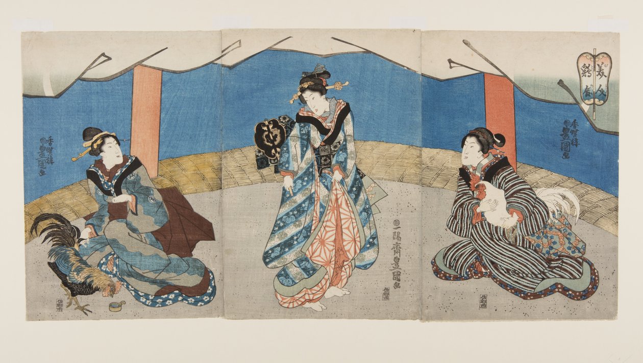 Belezas durante uma luta de galos (Bijin Toriaiu) (impressão em bloco de madeira colorida) de Utagawa Kunisada