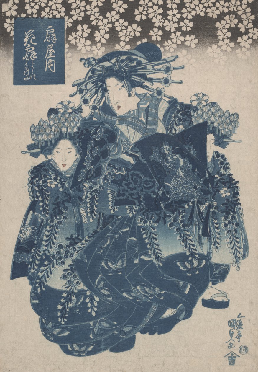 &39;Hanaogi do Ogiya, Kamuro Yoshino e Tatsuta&39; de uma série de cortesãs impressas em azul de Utagawa Kunisada