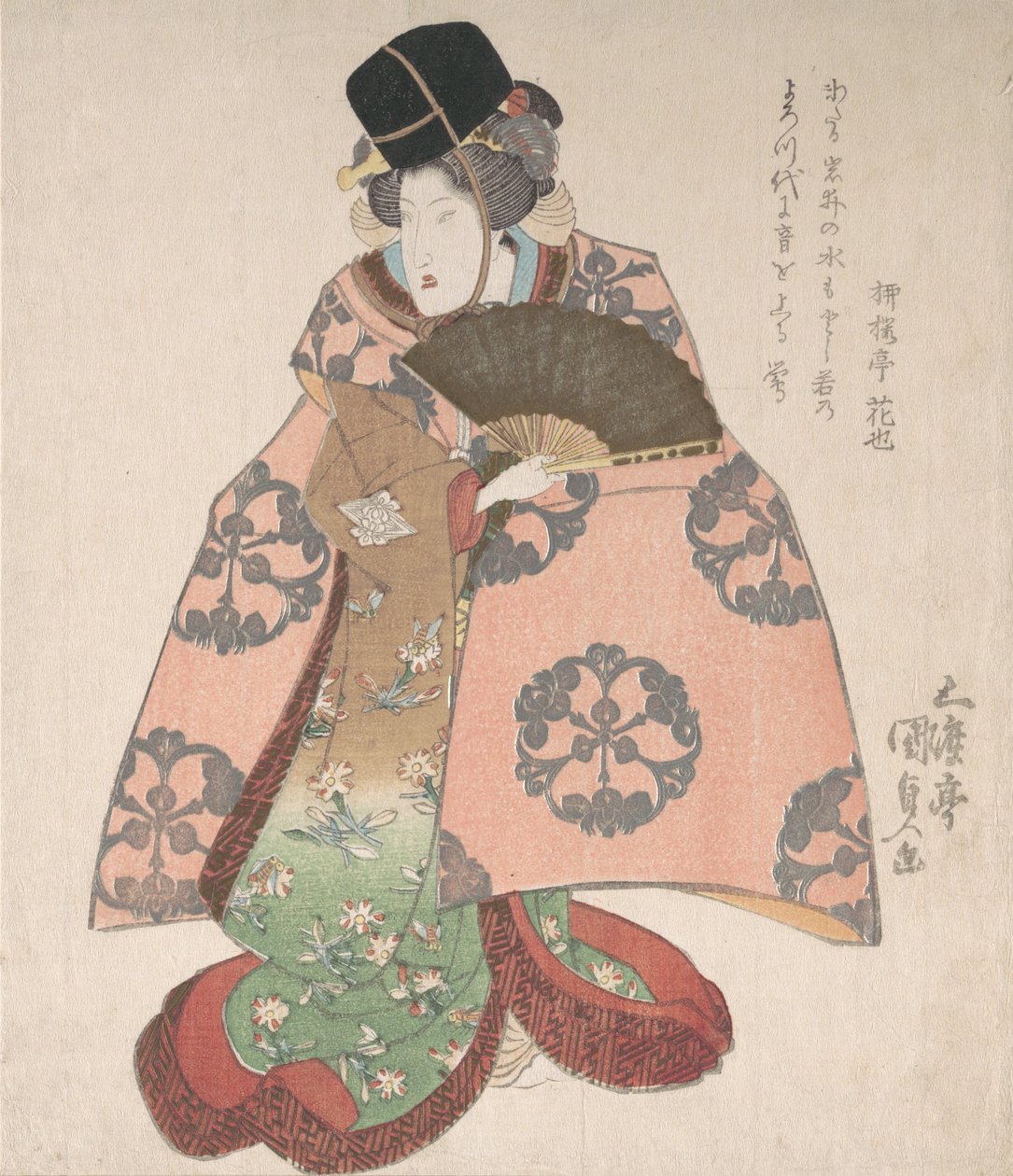 Kabuki Ator em um papel feminino em pé com um fã, século 19., século 19. de Utagawa Kunisada