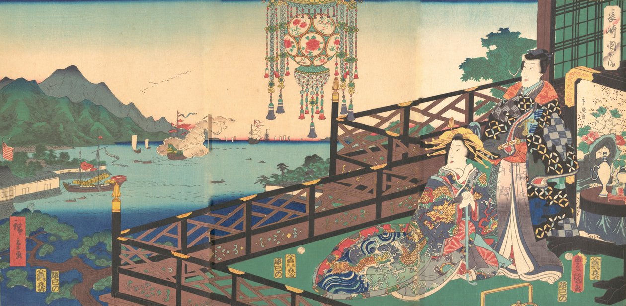 Mitsuuji no Distrito de Maruyama Pleasure de Nagasaki Nagasaki dejima, 3º m..., 3º mês, 1861. de Utagawa Kunisada