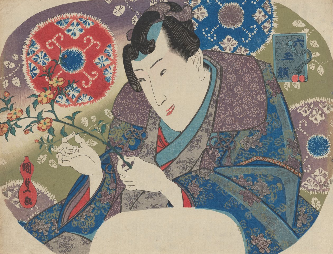 Mitsuuji com Mountain Roses Yamabuki, da série "Six Jewel Faces" M..., meados da década de 1830. de Utagawa Kunisada