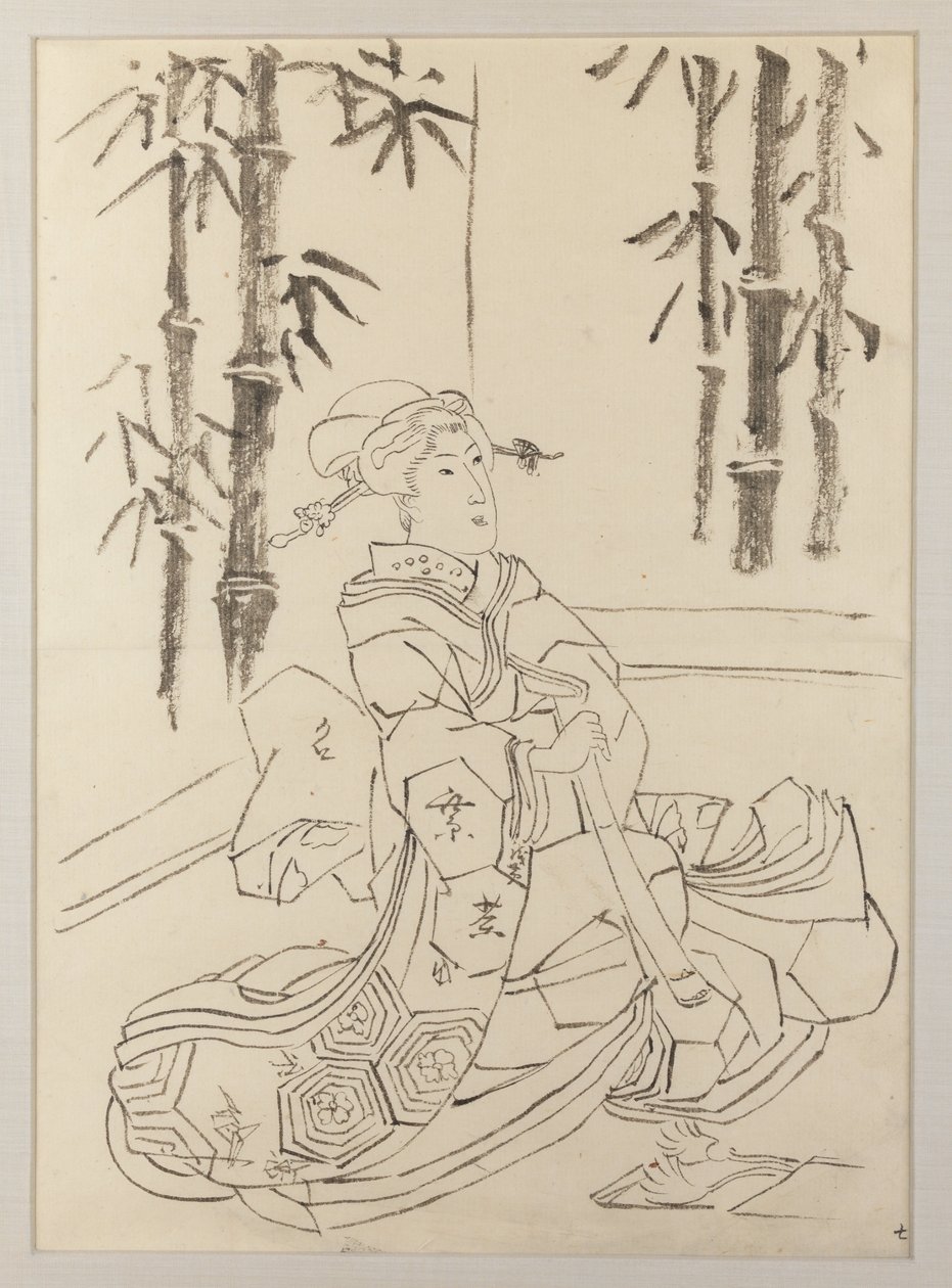 Desenho preparatório para a folha esquerda do tríptico Elegante trio instrumental de raparigas de Utagawa Kunisada