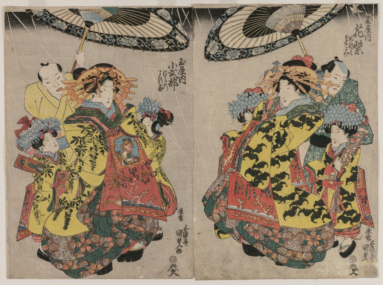As cortesãs Hanmurski e Koshikibu do Tamai Promending na chuva de Utagawa Kunisada