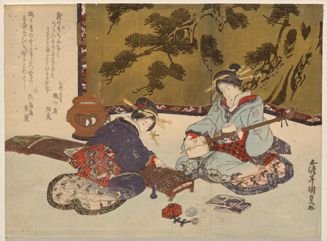 Duas cortesãs a tocar instrumentos musicais de Utagawa Kunisada