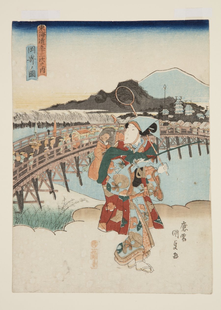 Vista de Okazaki (Okazaki no zu) (impressão em bloco de madeira a cores) de Utagawa Kunisada