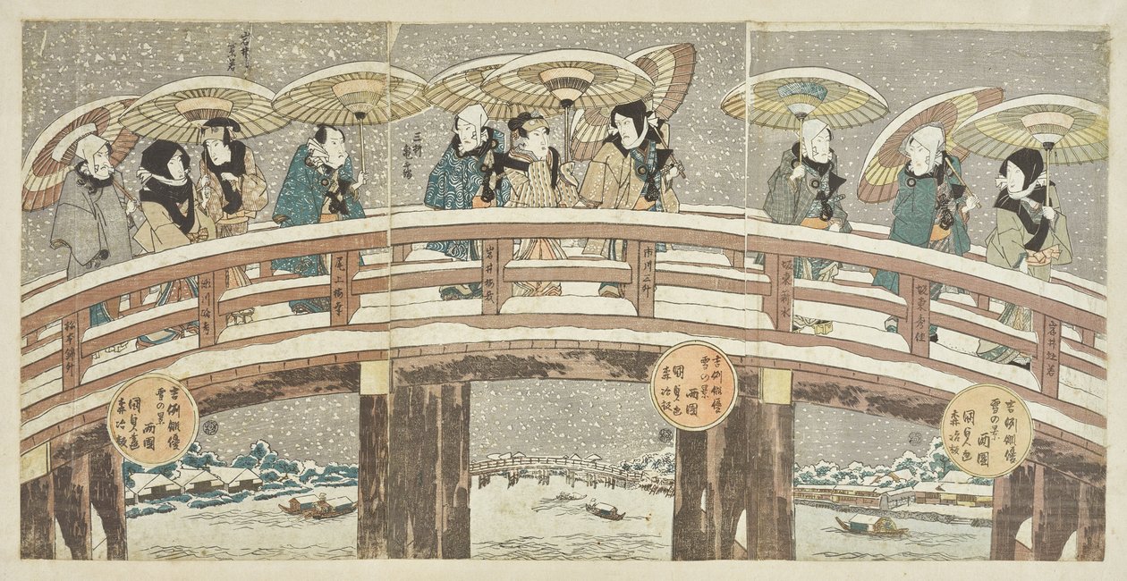 Cena de inverno com uma procissão de atores que augura felicidade de Utagawa Kunisada