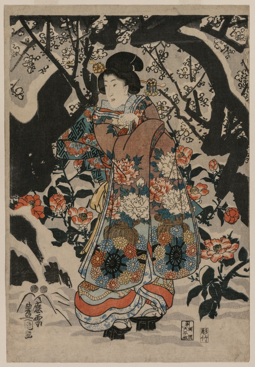 Mulher em pé ao lado de uma ameixeira, c. 1850 de Utagawa Kunisada