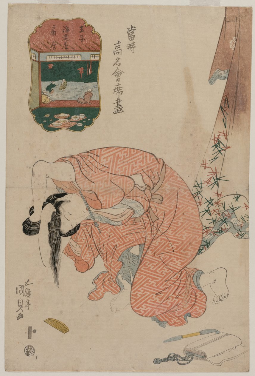 Mulher a prender o cabelo (da série «Restaurantes Famosos da Atualidade») de Utagawa Kunisada