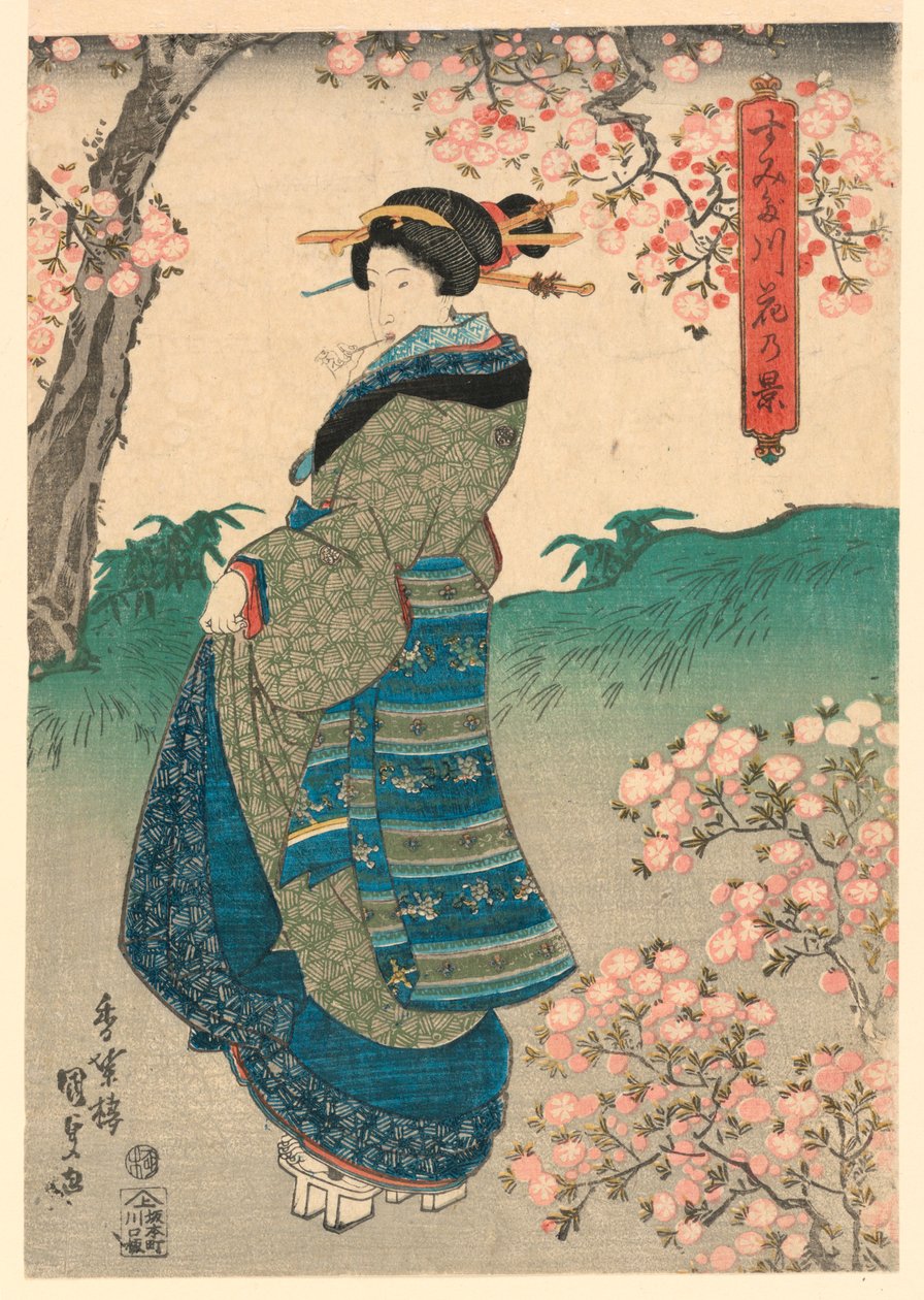 Mulher vendo flores de cerejeira na margem do rio Sumida (Sumidagawa hana no kei) de Utagawa Kunisada