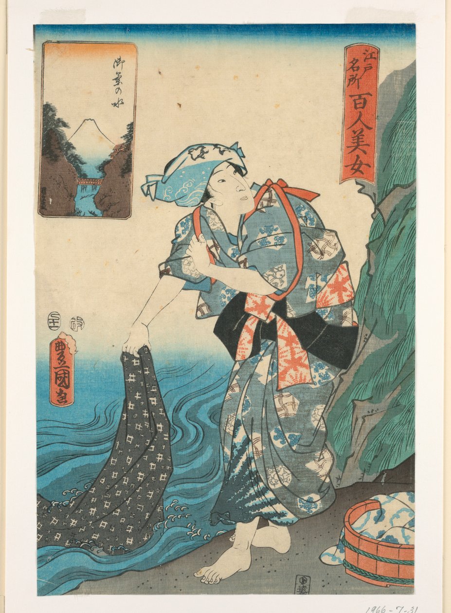 Mulher lavando tecido em um riacho de Utagawa Kunisada