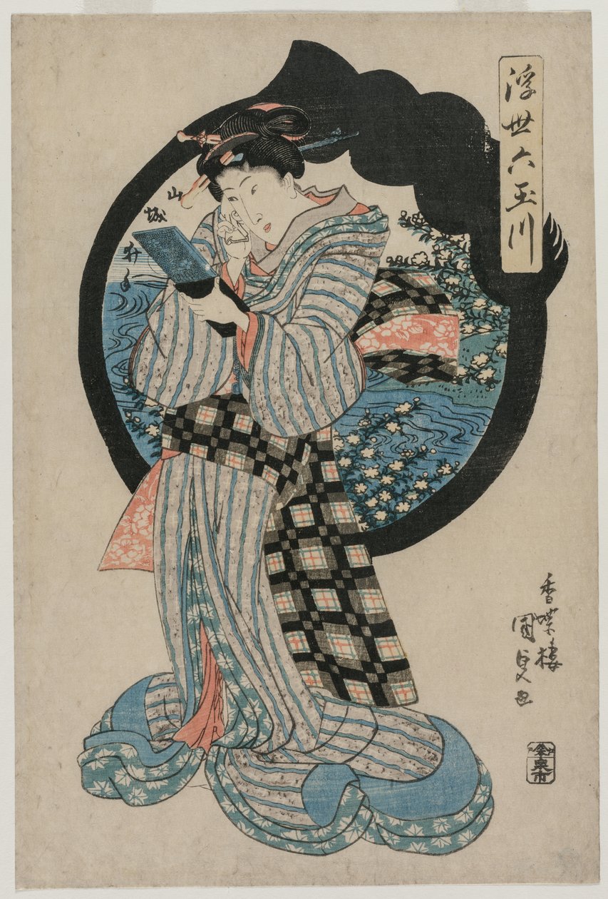 Mulher com espelho de mão da série Os Seis Rios Tama do Mundo Flutuante de Utagawa Kunisada