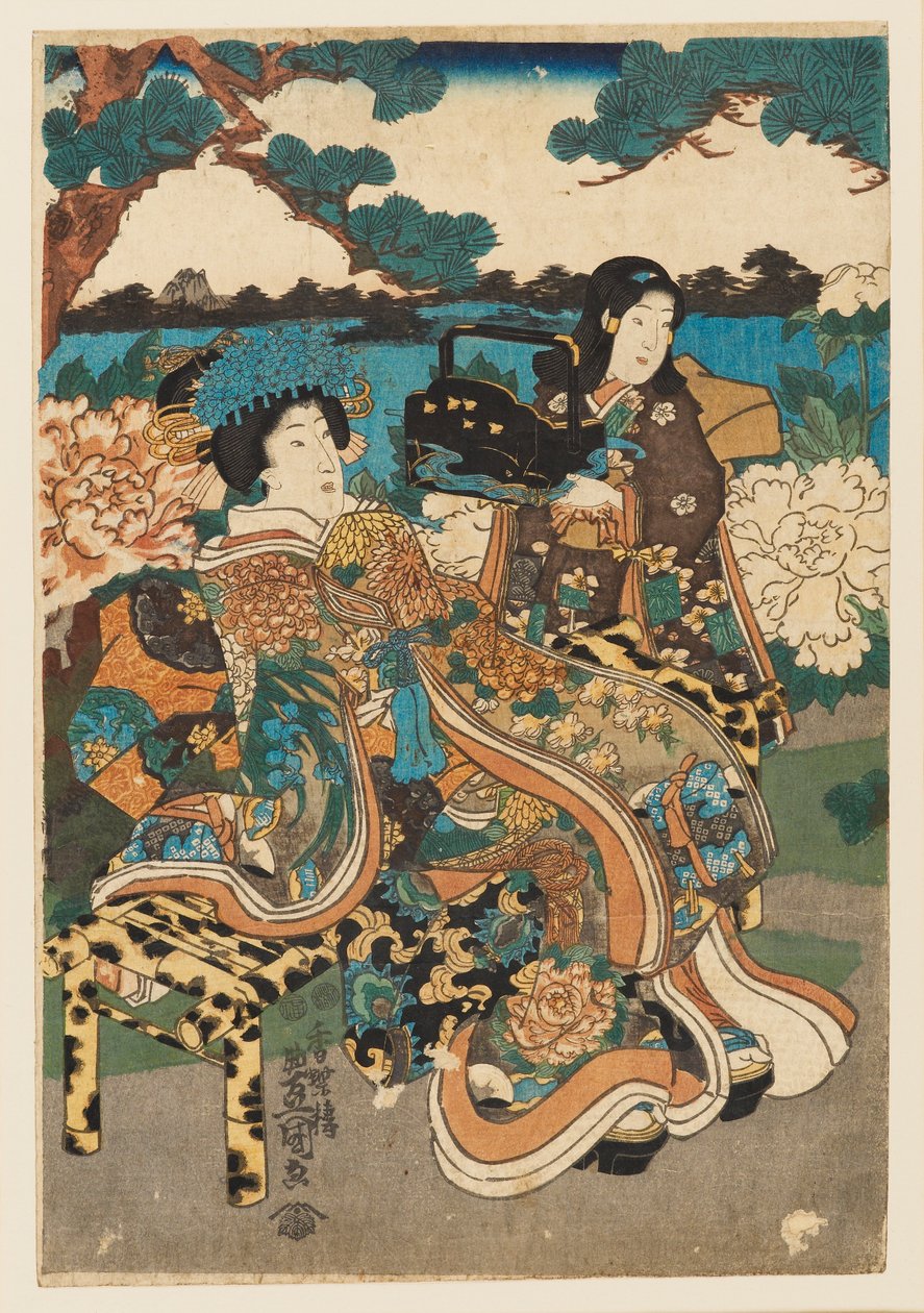 Impressão Woodblock - Courtesan and maid, 1786-1865 de Utagawa Kunisada