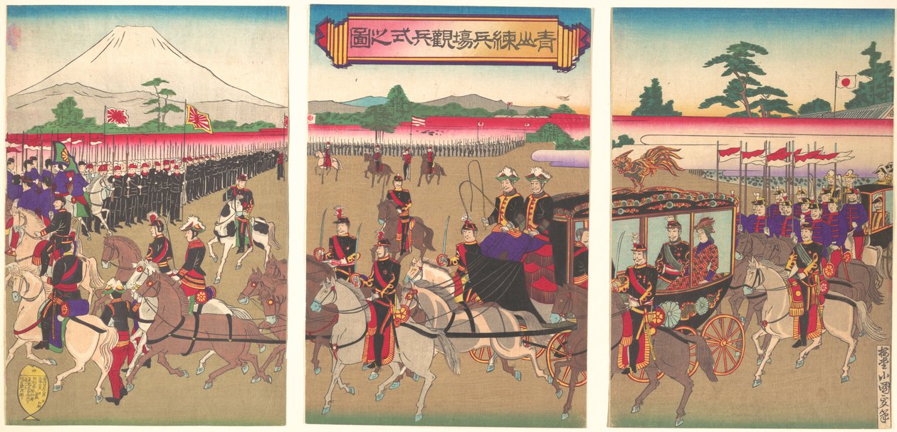 Vista de um desfile de revisão militar em Aoyama, fevereiro de 1889 Meiji 22., fevereiro de 1889 Meiji 22. de Utagawa Kunisada II