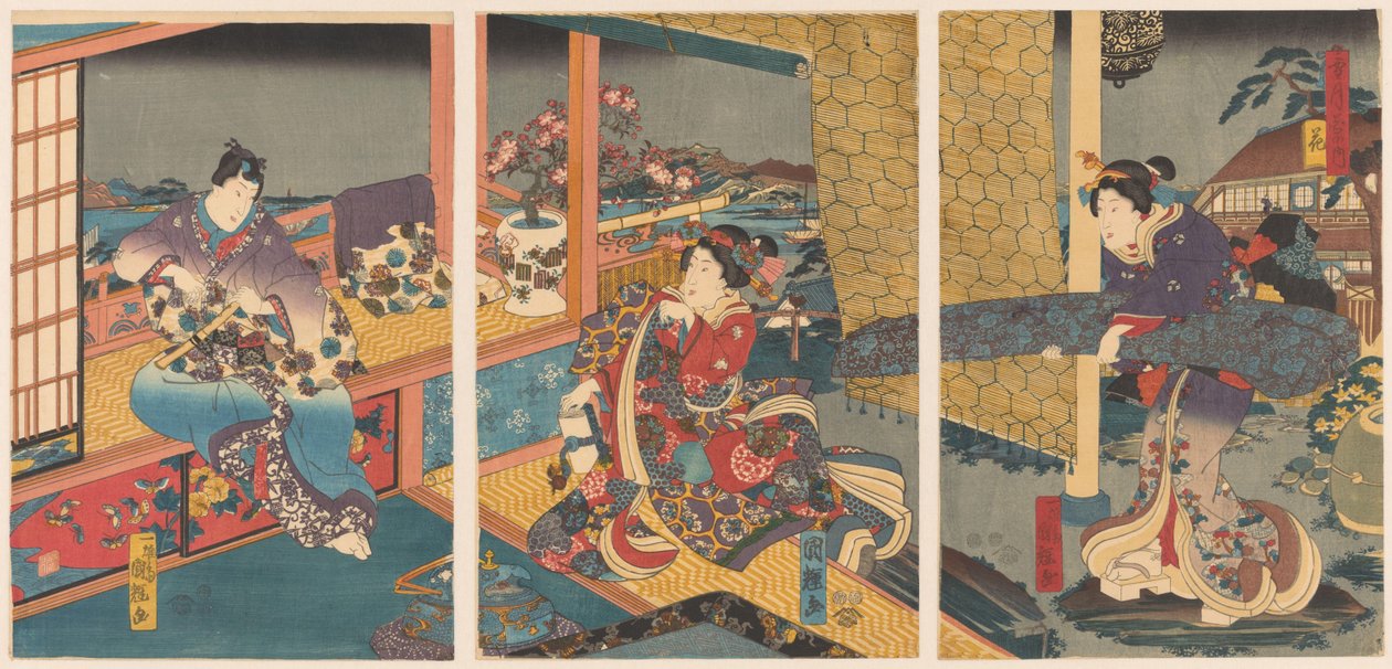 Flores Hana (título no objeto) Neve, Lua e Flores (título da série) Setsugekka no uchi (título da série no objeto) de Utagawa Kuniteru