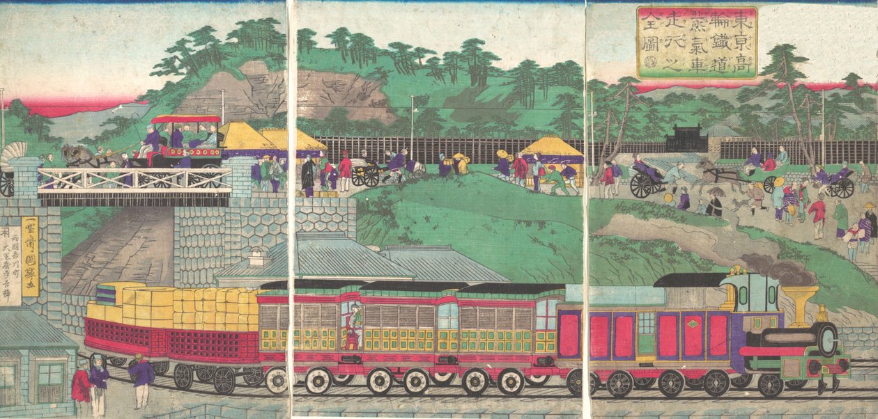 Ilustração de uma locomotiva a vapor rodando na estrada de ferro Takanawa em Tóquio Tokyo ta..., ca. 1873. de Utagawa Kuniteru
