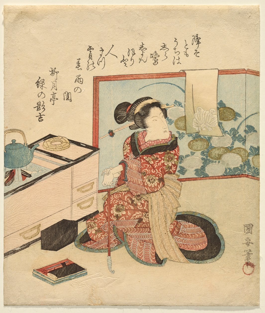 Mulher esperando encostado no tubo de Utagawa Kuniyasu