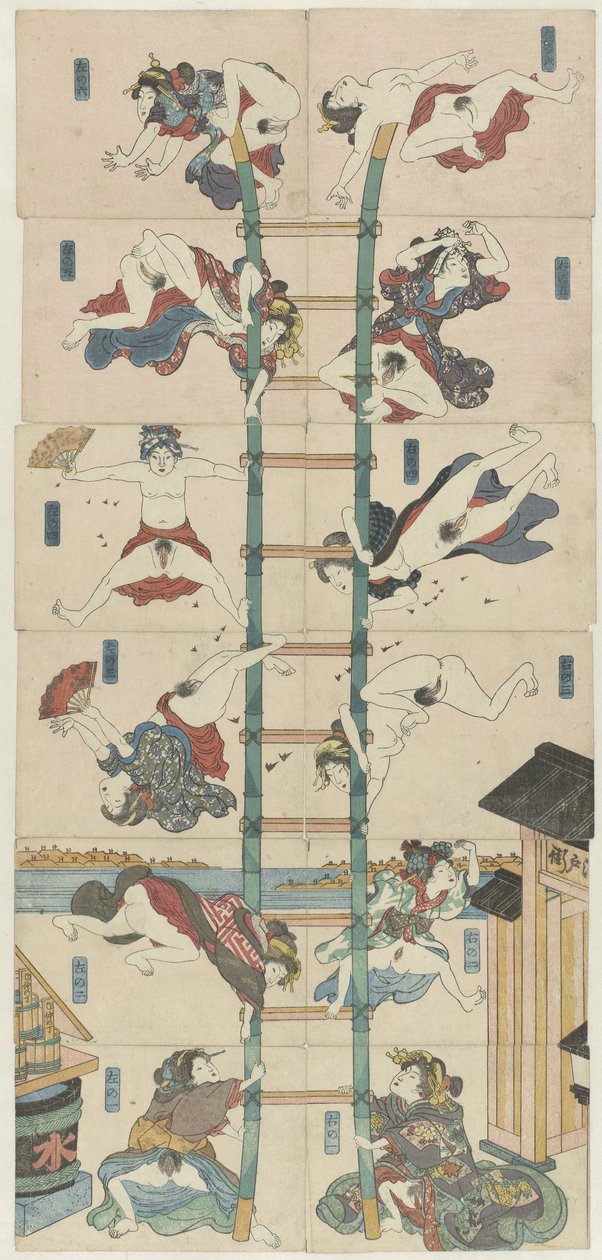 Série de doze koban Shunga com prostitutas no papel de bombeiros acrobáticos de Utagawa Kuniyoshi (school of)