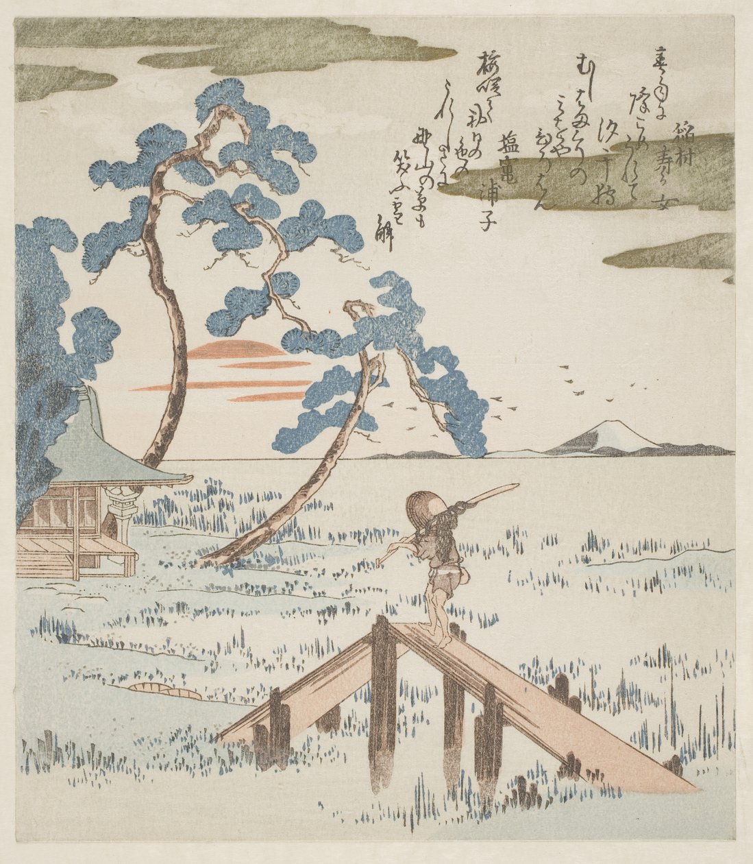 Um agricultor a atravessar uma ponte pedonal de Utagawa Kuniyoshi