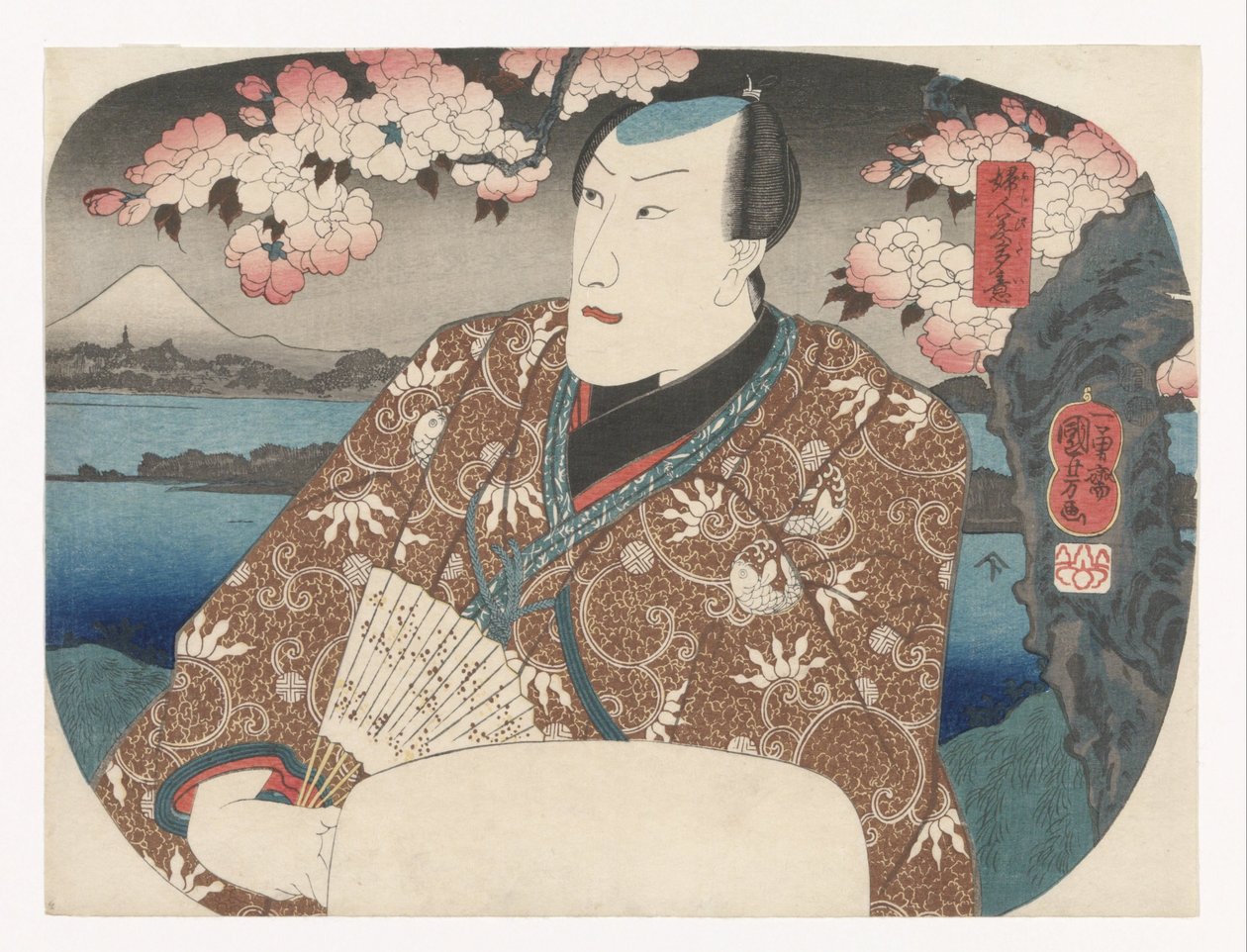 Actor com ventilador sob flor de cerejeira de Utagawa Kuniyoshi
