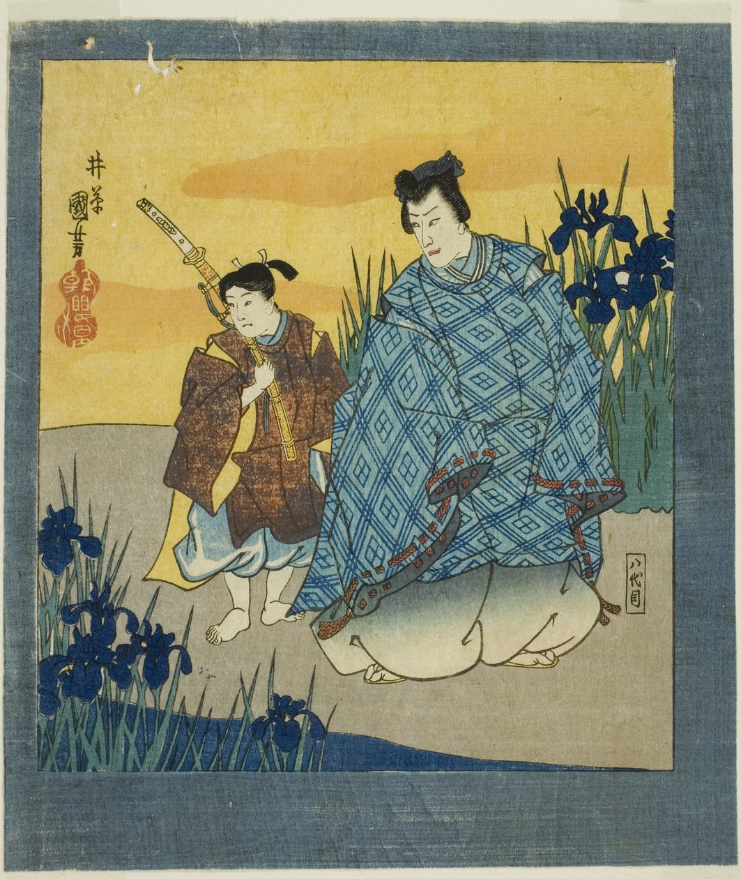 O ator Ichikawa Danjuro VIII no papel de Narihira em Yatsuhashi, de "Um ecrã sêxtuplo de imagens famosas (Meiga rokushi byobu)" de Utagawa Kuniyoshi
