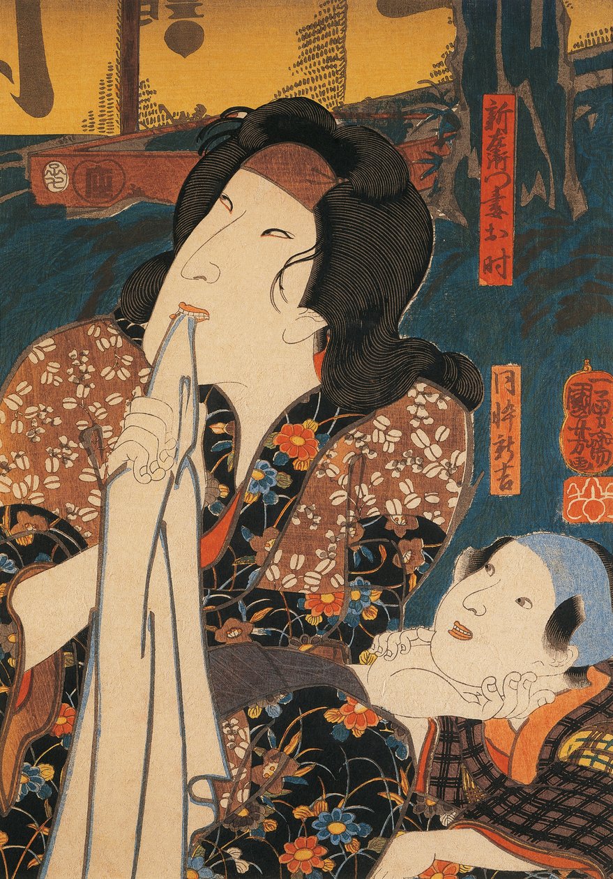 Ator em pose pensiva ao lado de criança, por Utagawa Kuniyoshi, xilogravura de Utagawa Kuniyoshi