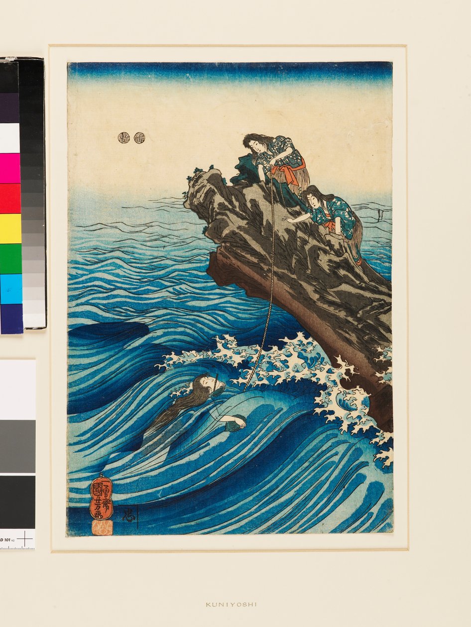 Ama a nadar para um rochedo onde se encontram duas outras amas de Utagawa Kuniyoshi