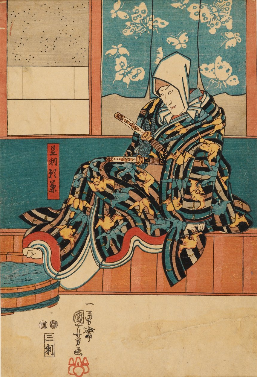 Um ator sentado na beira do palco, 1798-1861 de Utagawa Kuniyoshi