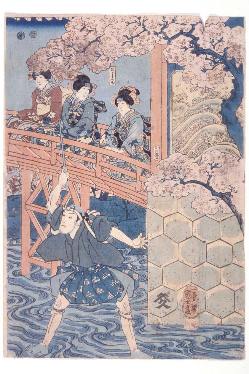 Bandō Hikosaburō IV como Ashikaga Yoshimasa e Ichikawa Kodanji IV como Asakura Tōgo, da peça de kabuki Higashiyama sakura sōshi de Utagawa Kuniyoshi