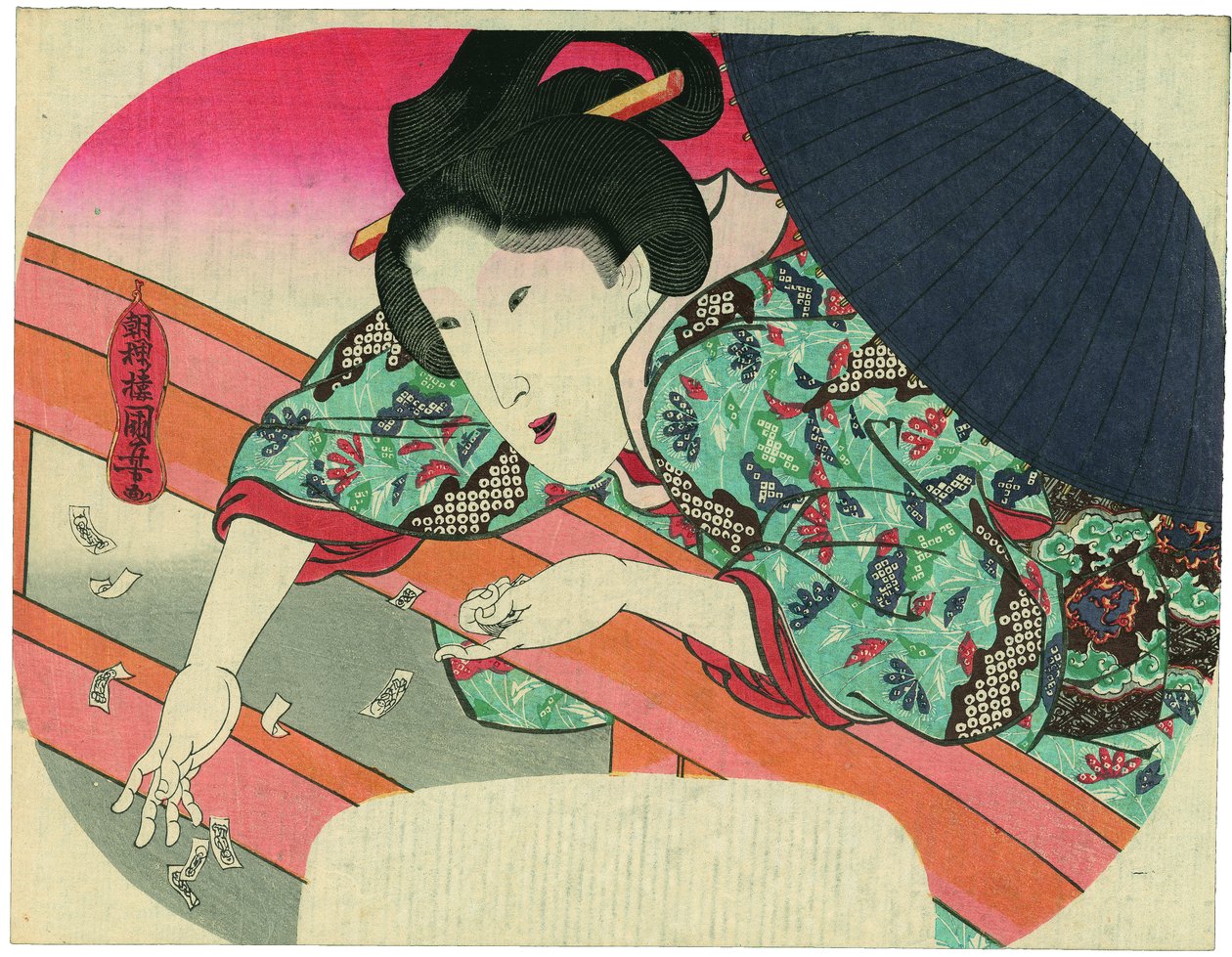Uma beleza lança no rio Sumida papéis de oração ao bodhisattva Jizō para acalmar os espíritos dos afogados de Utagawa Kuniyoshi