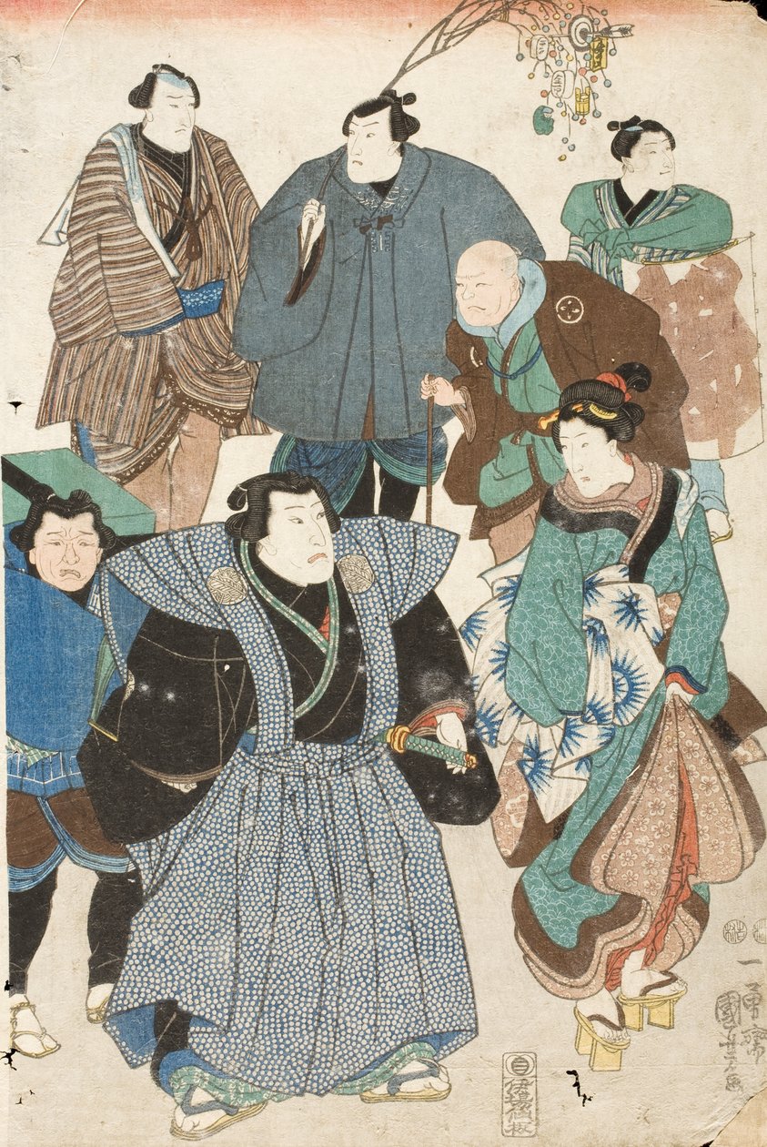 Celebração da primavera (actores de kabuki disfarçados de multidão de rua) de Utagawa Kuniyoshi
