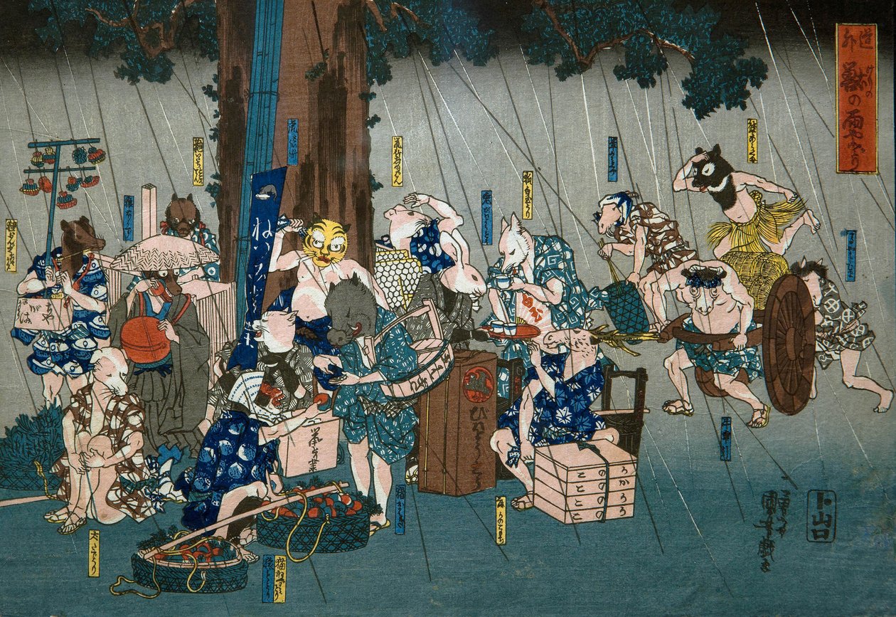 Animais Cómicos a Abrigar-se da Chuva (Dōke kemono no amayadori), c.1842 de Utagawa Kuniyoshi
