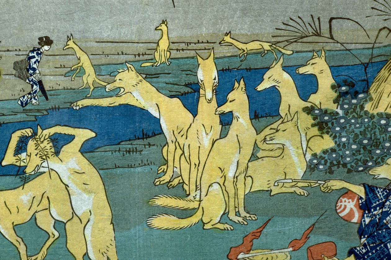 Raposa Cômica Praticando a Mudança de Forma (Dōke kitsume henge no keiko), c.1842 de Utagawa Kuniyoshi