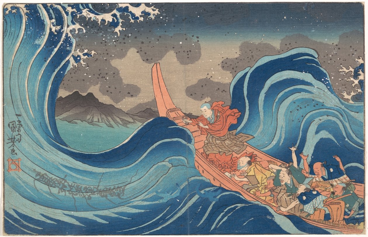 Biografia ilustrada concisa do monge Nichiren: Acalmando o mar agitado em Tsunoda, durante o exílio na Ilha de Sado de Utagawa Kuniyoshi
