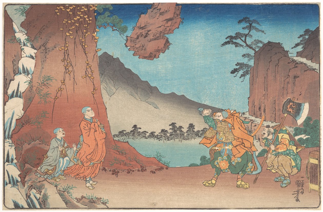 Biografia concisa e ilustrada do monge Nichiren: A rocha suspensa pelo poder da oração no Monte Komuro de Utagawa Kuniyoshi