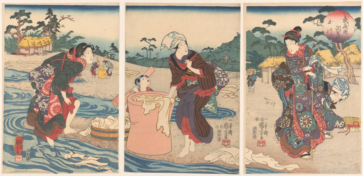 De Chofu Tama rivier in de provincie Musashi
Musashi kuni Chofu no Tamagawa (título sobre o objecto) de Utagawa Kuniyoshi