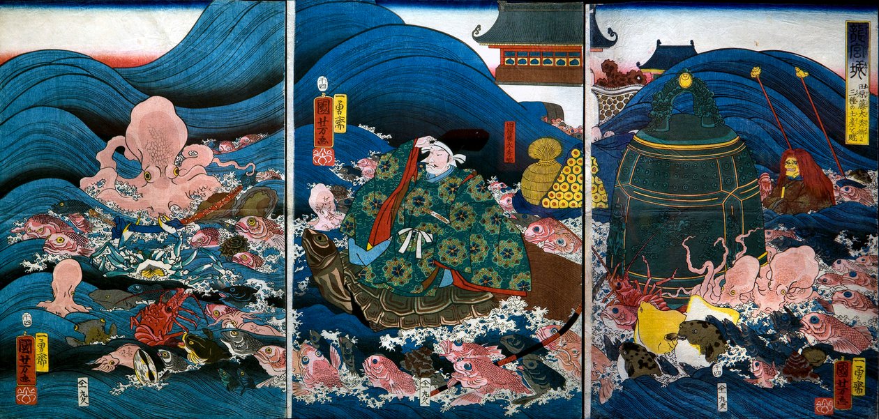 Palácio do Dragão Rei Dragão Apresenta Três Presentes a Tawara Tōda Hidesato (Ryūgūjō de Utagawa Kuniyoshi