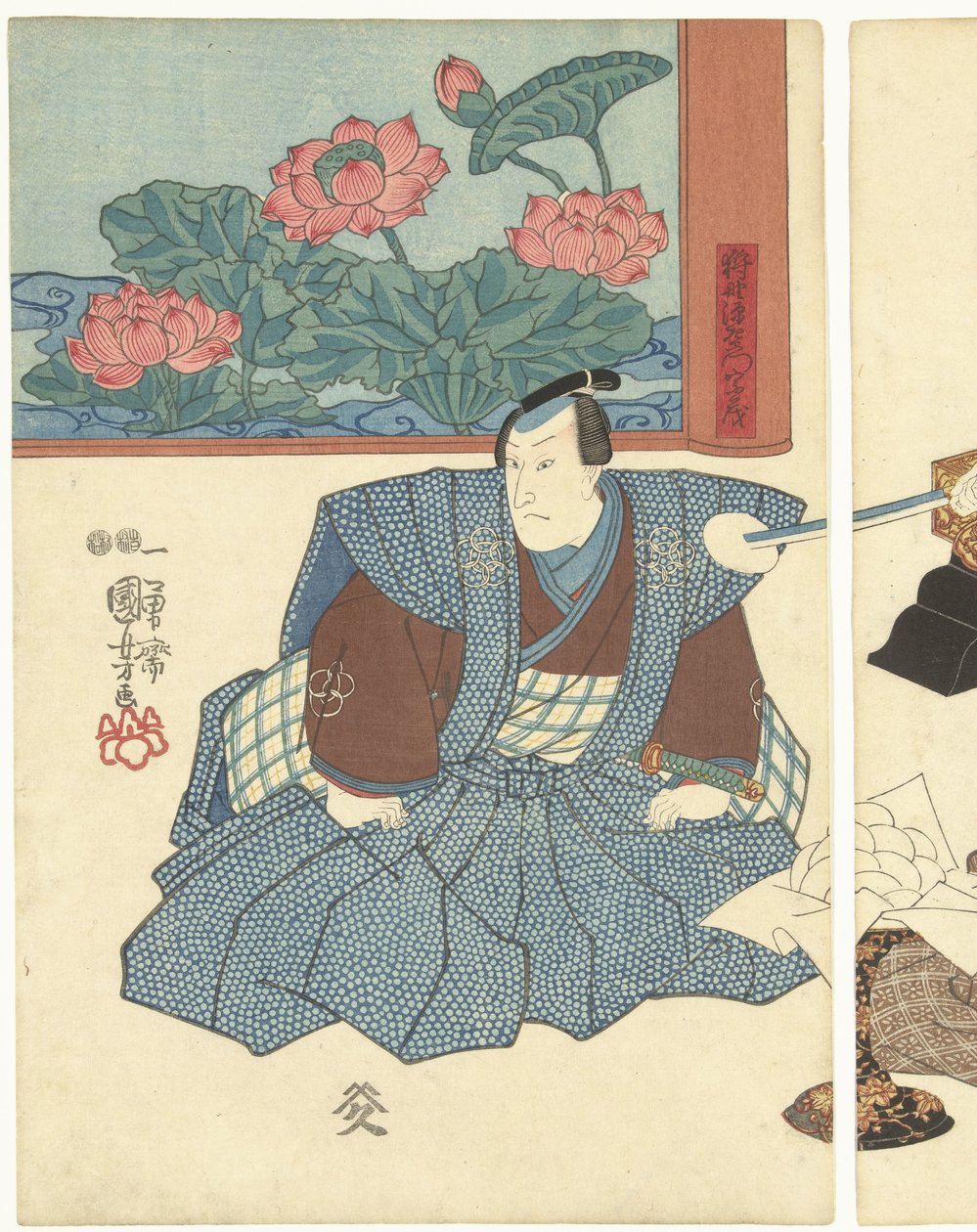 Três atores em uma tela dobrável de Utagawa Kuniyoshi