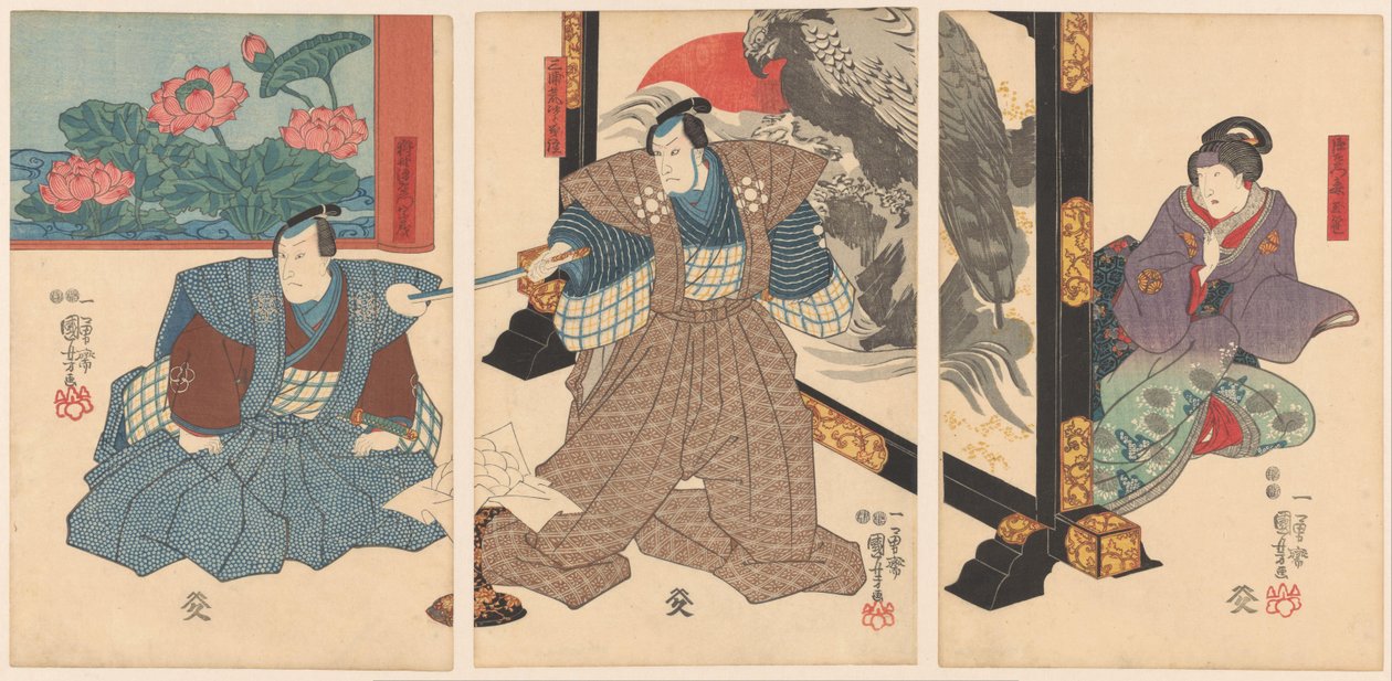 Três atores em uma tela dobrável de Utagawa Kuniyoshi