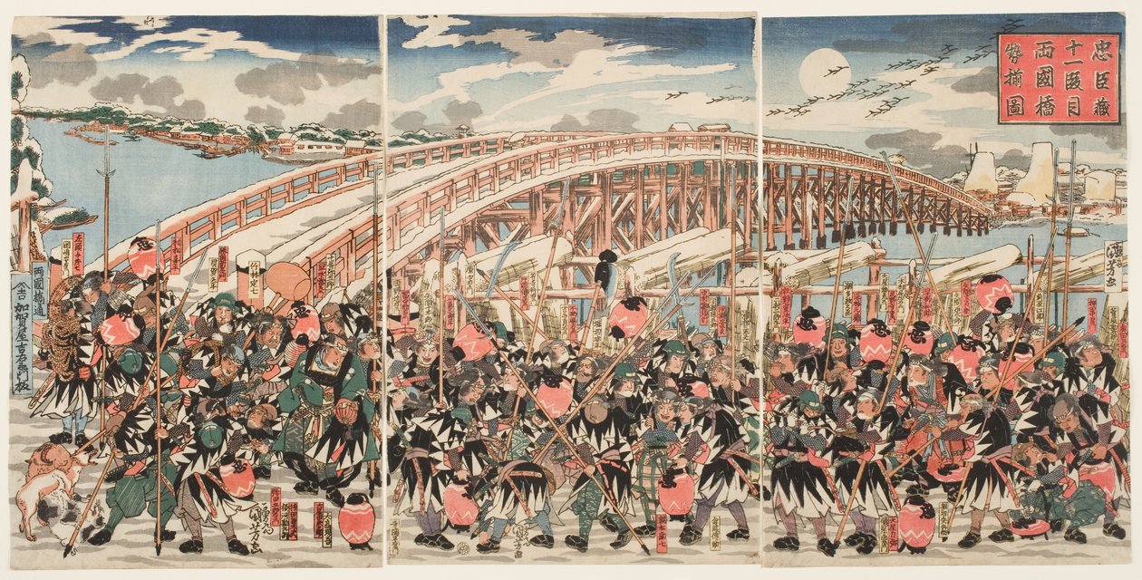 Décimo primeiro ato da "Chushingura": Os fiéis retentores reúnem-se na ponte de Ryogoku de Utagawa Kuniyoshi