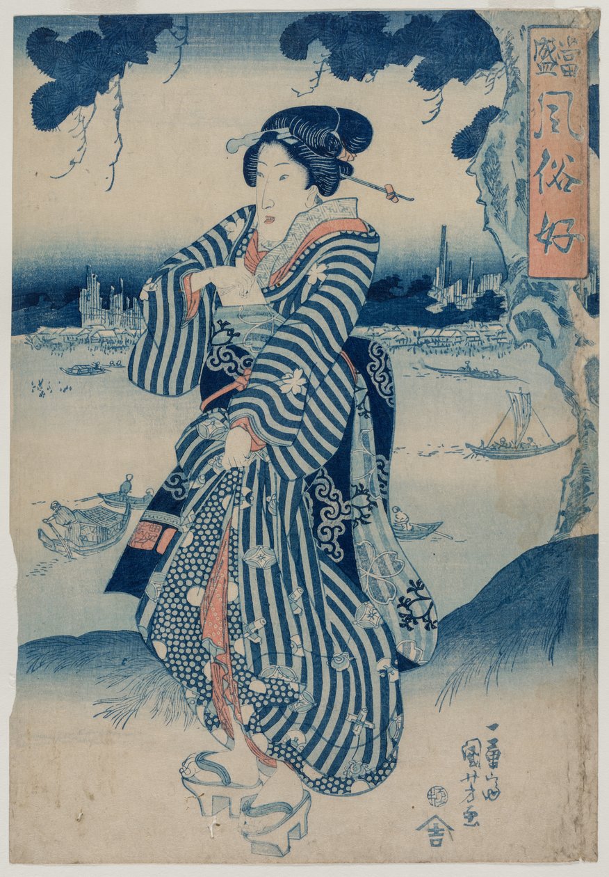 Gueixa em pé na margem do rio Sumida ..., no início da década de 1830. de Utagawa Kuniyoshi