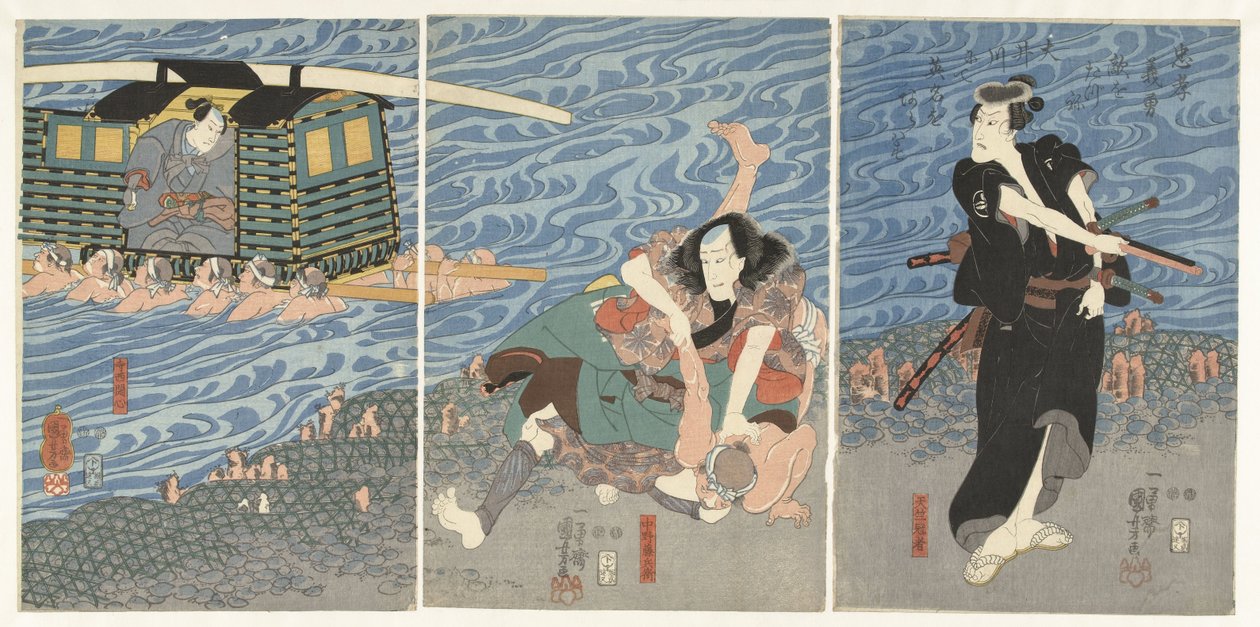 Lutar ao longo das margens do rio Oi de Utagawa Kuniyoshi