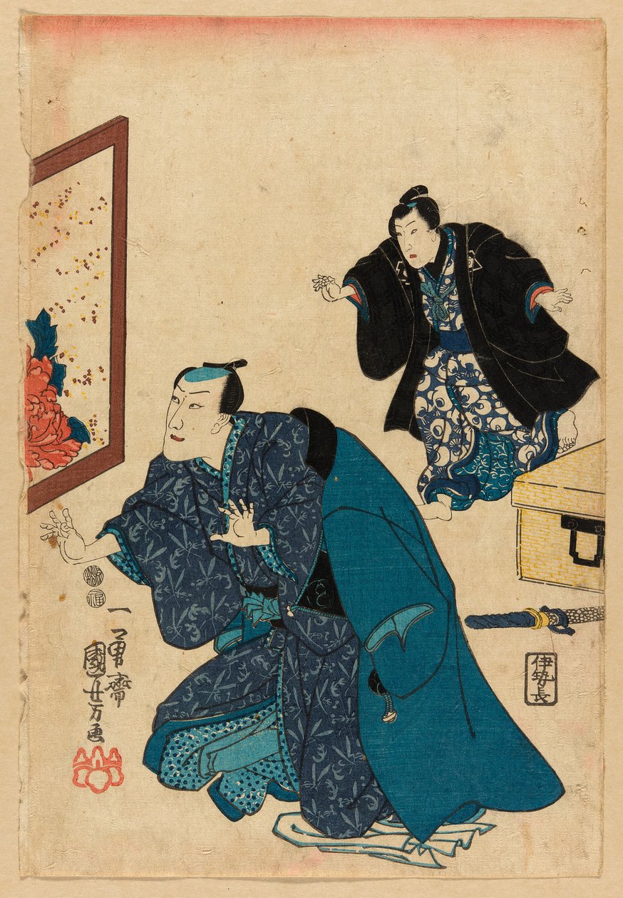 Ichikawa Danjuro VII diante de uma tela decorada com peônias de Utagawa Kuniyoshi