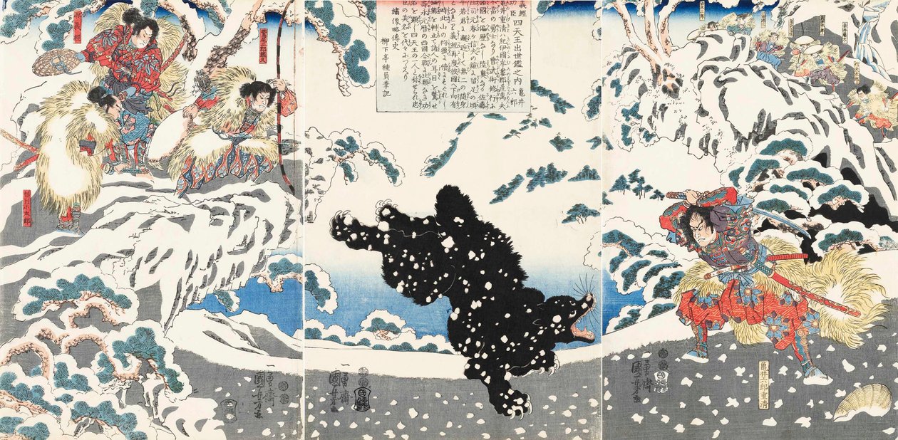 Kamei Rokuro Shigekiyo lutando com um urso preto na neve, assistido por Yoshitsune e seus funcionários, 1 de Utagawa Kuniyoshi