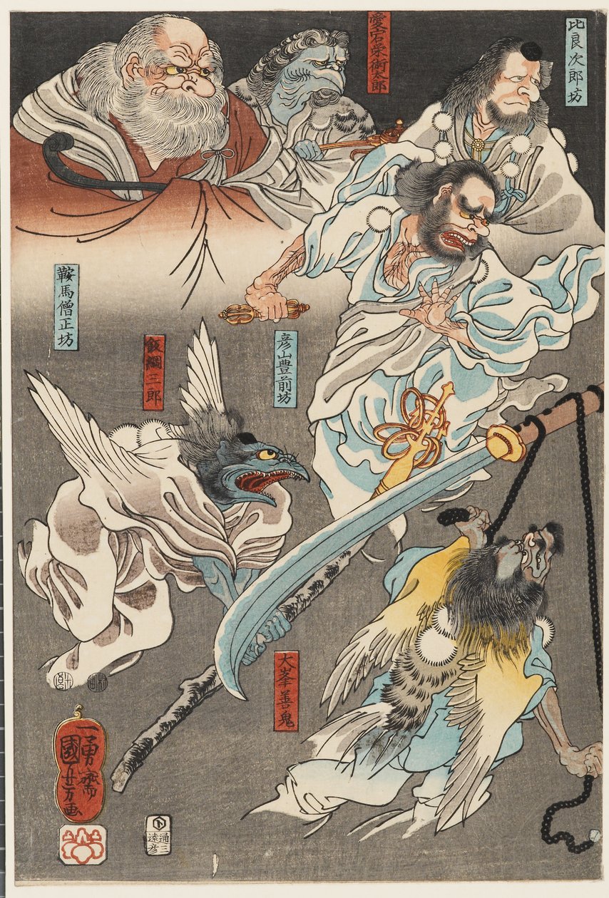 Minamoto Yoshitsune luta contra Benkei na ponte Gojō, com a ajuda de demónios tengu de Utagawa Kuniyoshi