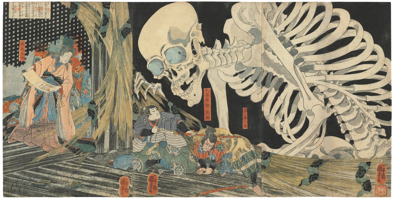 Mitsukuni desafia o espetro de esqueleto invocado pela princesa Takiyasha de Utagawa Kuniyoshi