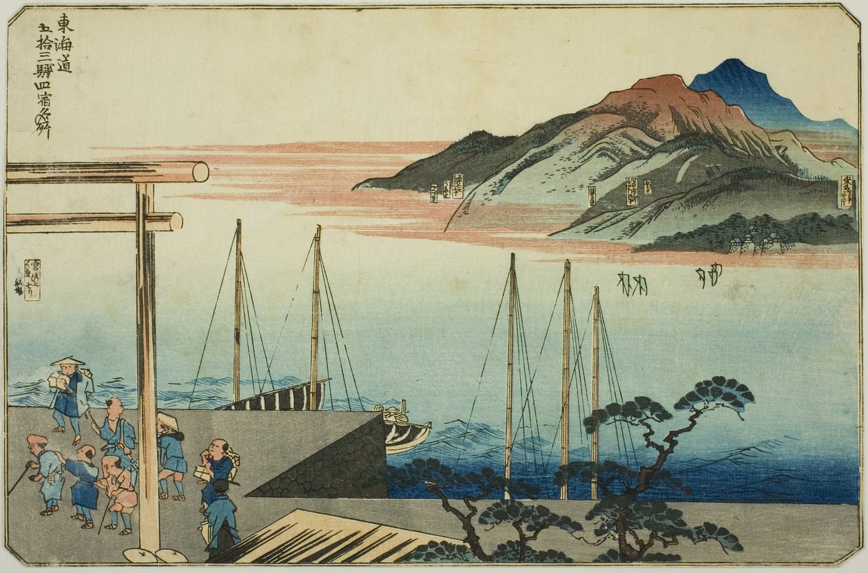Miya, Kuwana, Yokkaichi e Ishiyakushi, da série "Lugares Famosos nas Cinquenta e Três Estações do Tokaido, Quatro Estações (Tokaido gojusan eki yonshuku meisho)" de Utagawa Kuniyoshi