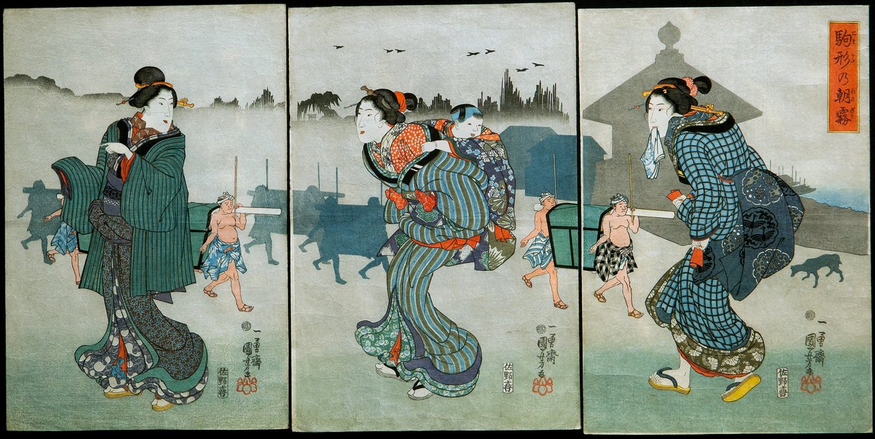 Névoa da manhã no Komagata (Komagata no asagiri): Diversões das Quatro Estações (Shiki yūkan), c.1846 de Utagawa Kuniyoshi