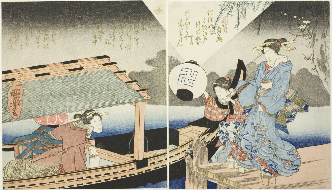 Cena nocturna a bordo de um barco de recreio de Utagawa Kuniyoshi