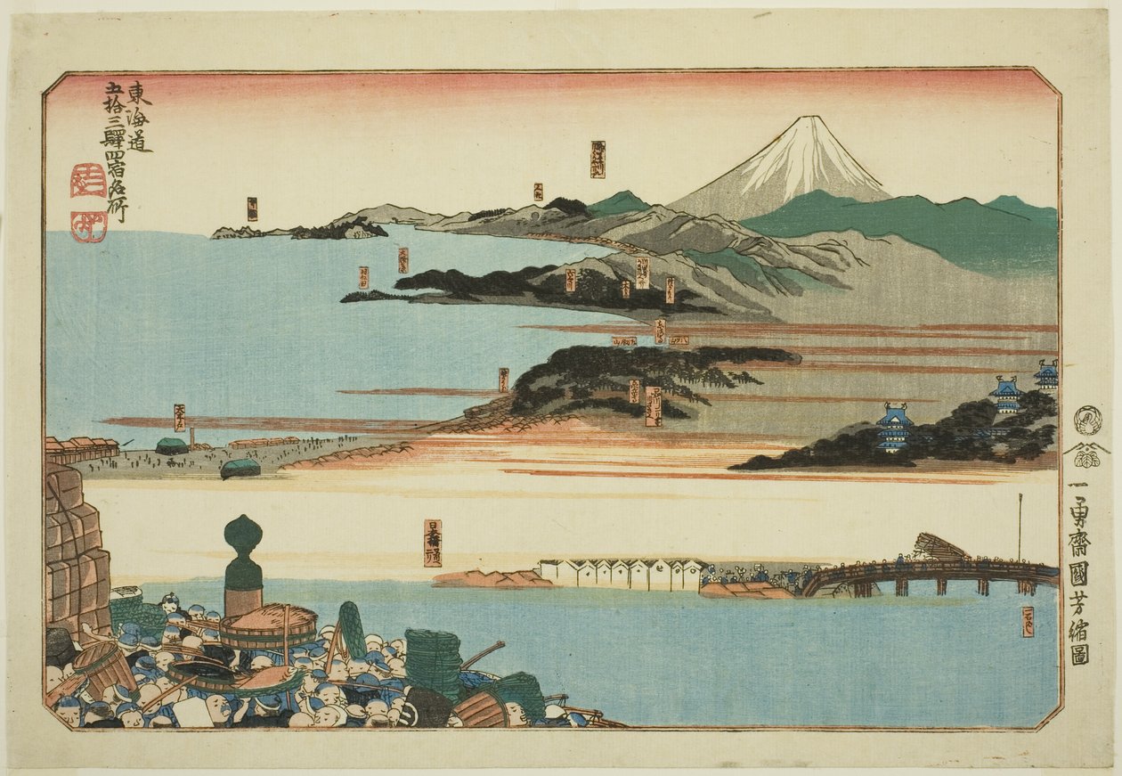 Nihonbashi, Shinagawa, Kawasaki e Kanagawa, da série "Lugares Famosos nas Cinquenta e Três Estações do Tokaido, Quatro Estações (Tokaido gojusan eki yonshuku meisho)" de Utagawa Kuniyoshi